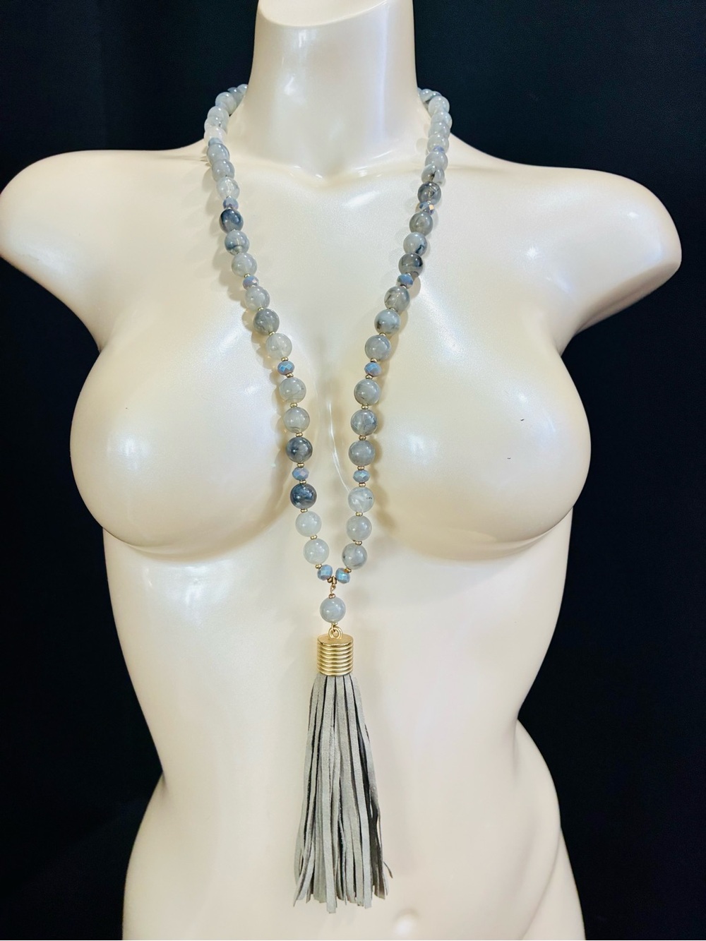 Handcrafted Gray Blue Acrylic Beaded Faux Leather Tassel Necklace Lightweight